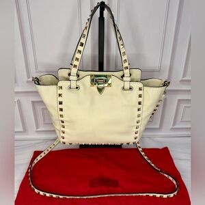 Valentino Garavani Small Rockstud Tote Bag Cream Leather 2-Way Crossbody